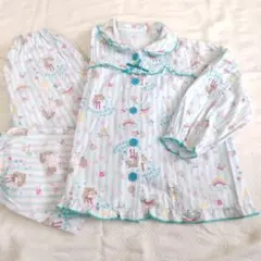 長袖　パジャマ　綿　120cm　ミントグリーン　ストライプ　ユニコーン柄