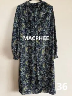 【美品】MACPHEEネイビー花柄シャツワンピース 長袖フリルサイズ36