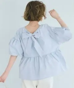 coca パリフワバックリボンブラウス ブルー L パフスリーブ