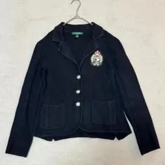 【美品】ローレンラルフローレン ニットジャケット エンブレム 銀ボタン 黒 XS