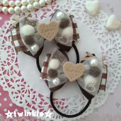 【再販】ハンドメイド☆ポンポン☆チュールリボンヘアゴム(ハートクッキー①)