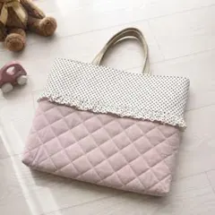 レッスンバッグ 【白地ピンクハートヌビ×くすみピンク】 女の子 手提げ