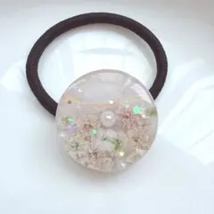 レジンヘアゴム クローバー 四葉 かすみ草 グレー ホワイト オーロラ