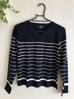半額!!★リフレクト　洗えるVネックボーダーニット　長袖★ネイビー　Mサイズ