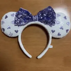 ディズニー　カチューシャ　ミニー　白　スパンコール紫リボン