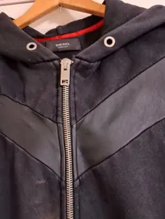 DIESEL ブラックパーカー レザー付き