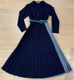 レディアゼル　シャツ衿ワンピース　ベルト　バイカラー　プリーツ
