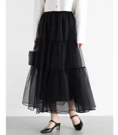 【新品】ヤマダヤ Vin フロッキードットオーガンジーティアードスカート 黒