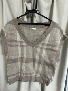 チェック柄 Vネック ニットベスト ベージュ系