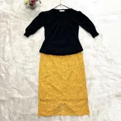 365 セットコーデ ブラックニット＆イエローレーススカート 上品 S