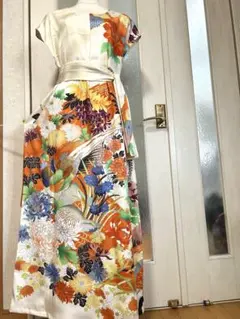 振袖　お着物　リメイク　ロングワンピース　腰紐リボン付き　ハンドメイドのサムネイル