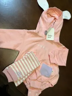 babydoll ウサギ耳フードロンパース ボーダーレギンスセット