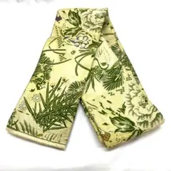 S64-82 半幅帯 牡丹 鶴 花柄 グリーン イエロー カジュアル 着物 和装
