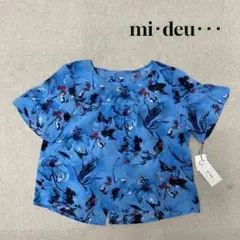 ★新品★ mi・deu・・・ ブラウス　半袖　ブルー　花柄　Lサイズ　レディース