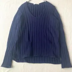 GALERIE VIE ニット　コットン　長袖　Ｖネック　リブ　ネイビー　紺