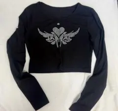 黒のストーン装飾長袖クロップドトップ