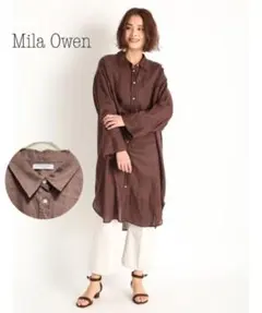 ミラオーウェン ロングリネンシャツチュニック　リネン100% ブラウン