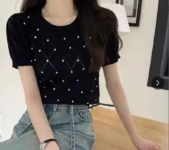 ダイヤ柄ビジュー透かしニットトップス ブラック