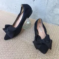 【美品】ダイアナ リボン フラットパンプス/シューズ スエード黒 21.5cm