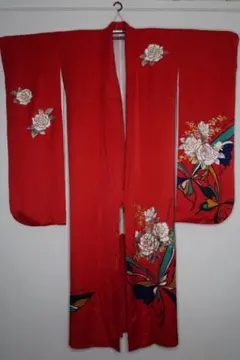 【美品】振袖　薔薇　蝶々　成人式　卒業式