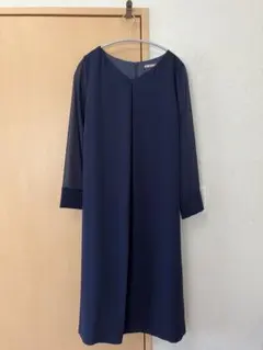 ネイビー Vネック ドレス ウエストベルト付き