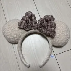 ミッキーマウス型カチューシャ チェック柄リボン