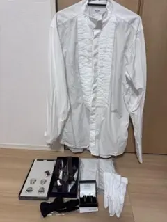 白ウィングカラーシャツ XL 黒蝶ネクタイ シルバーチーフ　結婚式