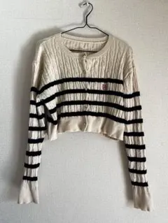 エンブレム刺繍 ボーダー柄 ケーブル編み ショート丈カーディガン L アイボリー