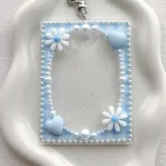 ブルー　花　チェック　ハート　トレカケース　デコ　推し活　アイドル　キーホルダー