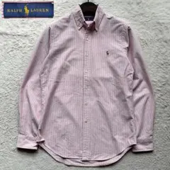 【美品】ラルフローレン オックスフォードシャツ ストライプ ロゴ刺繍 赤系 現行