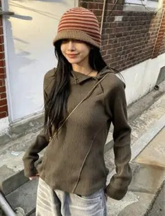 Shein Yc'Yc 長袖カットソー パーカー 韓国 ワッフルニット フード