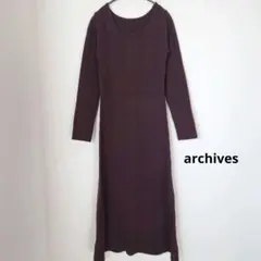 archives 長袖ニットワンピース リブ編み　ブラウン　無地　М