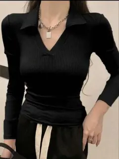 【新品・未使用】ブラック　リブ編みVネック　長袖ポロシャツ