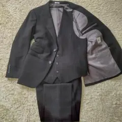美品 スーツセレクト 3ピース チェック柄 ブラック ビジネス スーツ 総裏