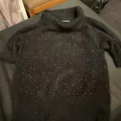 IDANAタートルネック 半袖 アンゴラニット 黒　L ビーズ装飾
