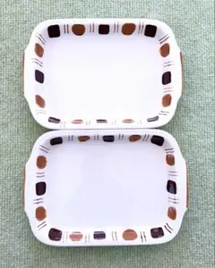 長角皿 2枚セット 陶器 和食器 シンプル ブラウン ホワイト　昭和レトロ