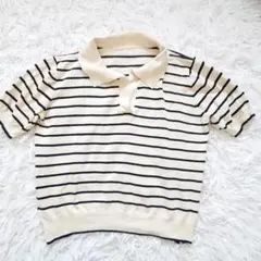 アイボリー/ネイビー ストライプ 半袖ポロシャツ風　М