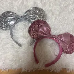 ミッキー型スパンコールカチューシャ（シルバー・ピンク）