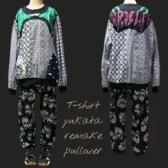 (お119) Ｔシャツリメイク✨アシンメトリ~柄合わせ 浴衣リメイクプルオーバー