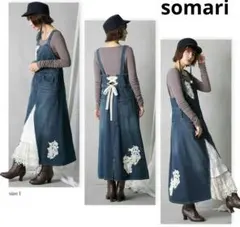 somari ソマリ 刺繍 レース リボン オーバーオール サロペット デニム