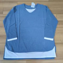 ライトブルー　重ね着風ニット　長袖　L