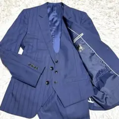 スーツセレクト 3ピース M ネイビー シルク混 シャドーチェック 光沢感