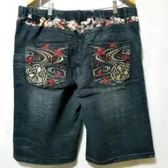 新品　竜刺繍　和柄　花柄　デニム　ハーフパンツ　メンズ　3L　大きいサイズ　黒色