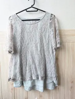 n'Or LABEL レースレイヤード 半袖Tシャツ ライトブルー重ね着グリーンのサムネイル