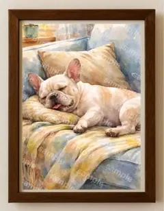 【水彩画アート】ソファーで寝るブルドッグ2L版写真用紙
