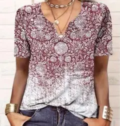 《新品/即日発送》# 花柄プリント Vネック 半袖Tシャツ 赤白