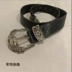 セール★ベルト クロコダイル ウエスタン シルバー ブラック 古着 レザー 黒