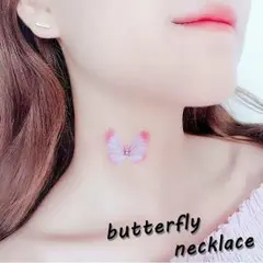ラインストーンピンク×ホワイトバタフライチョーカーネックレス