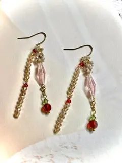 No.9ピンクと赤のビーズ ロングイヤリング　プレシオサ　ファルファーレ