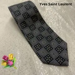 美品　イヴサンローラン　ネクタイ シルク 日本製 グレー×ネイビー 花柄